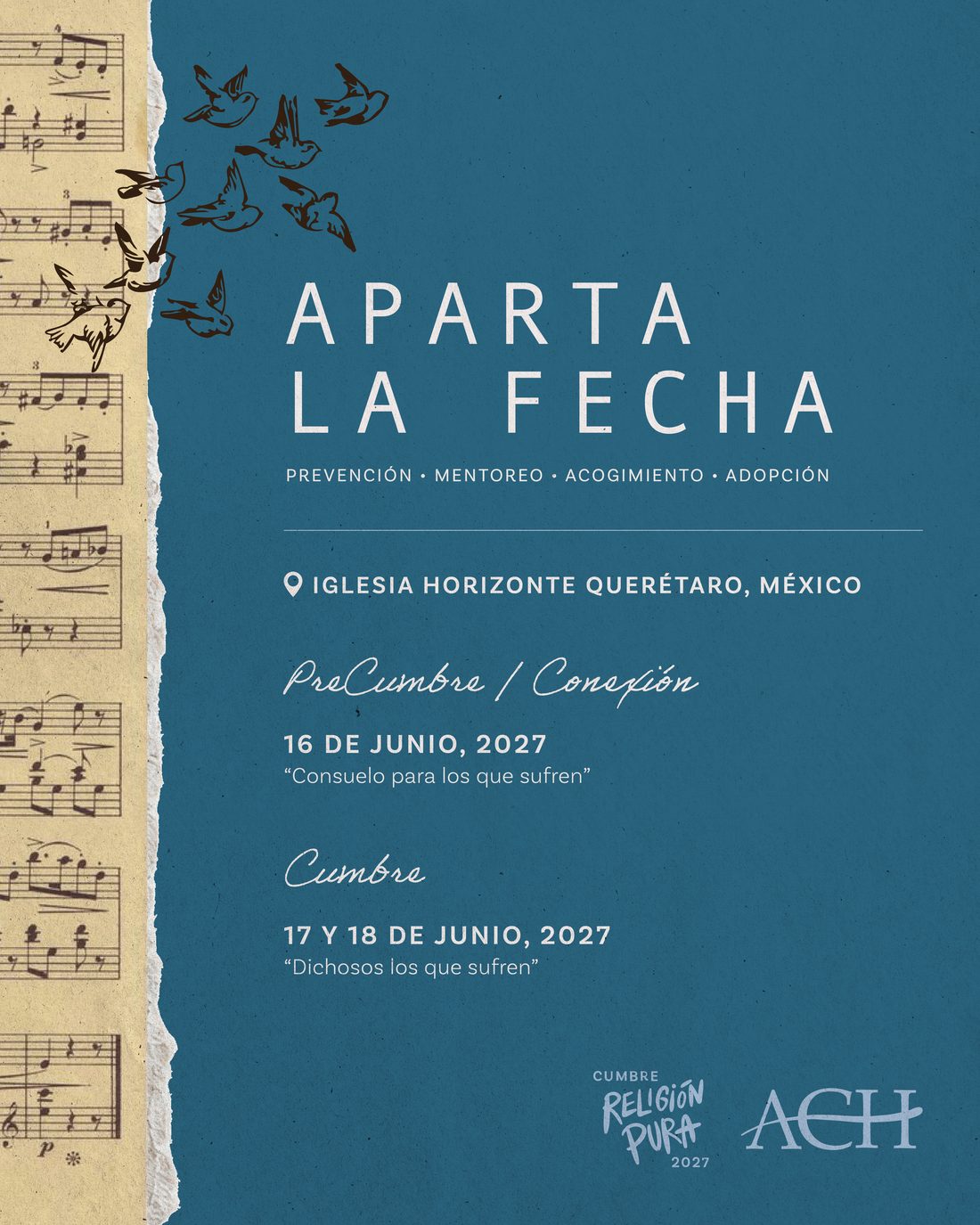 Afiche oficial de la Cumbre Religión Pura 2027: 16 al 18 de junio, Iglesia Horizonte, Querétaro, México.